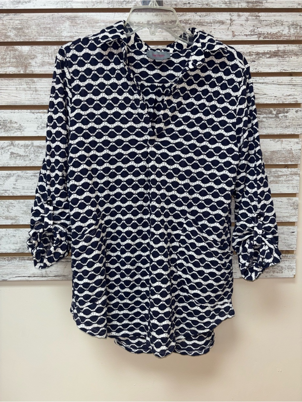 For Cynthia Beachwear Navy White Eyelet Top Roll Tab Sleeve M